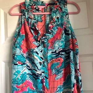 EUC Lilly Pulitzer silk tank blouse.  X marks the spot pattern. Size M